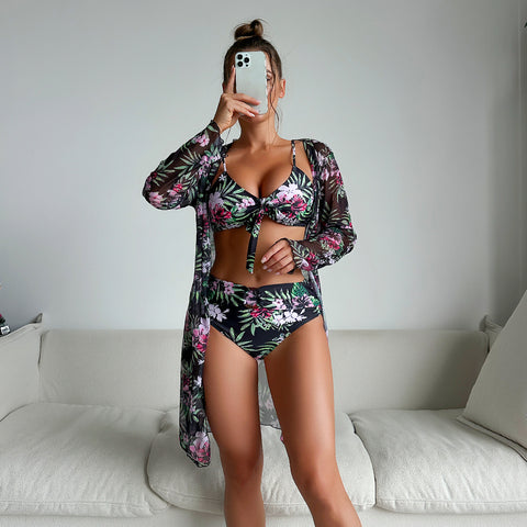 Swimsuit Women Two Piece Printed Long Sleeve Internet Celebrity Bikini Three Piece Swimsuit