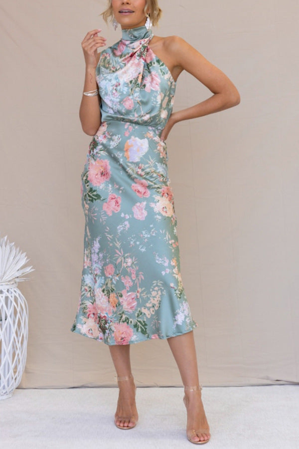 Halter Printed Satin Dress Elegance